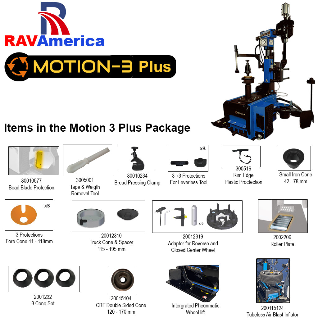 RAV America Motion 3 Plus package with various items listed on a white background
