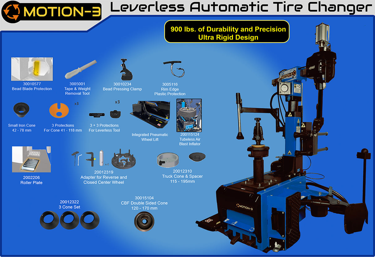 Motion-3 Leverless Automatic Tire Changer, showing tire changer machine and accessories