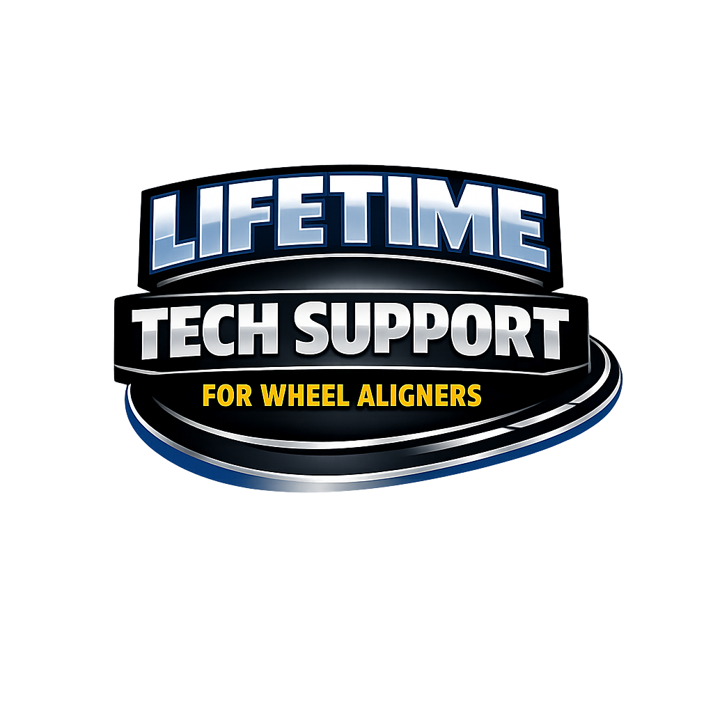 Logo with 'Lifetime Tech Support for Wheel Aligners' text on a white background