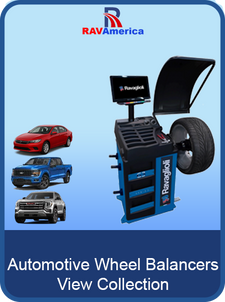 Automotive wheel balancer with cars on a blue background, featuring RAV America branding.