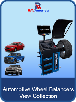 Automotive wheel balancer with cars on a blue background, featuring RAV America branding.