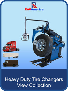 Heavy-duty tire changer with RAV America branding on a blue background