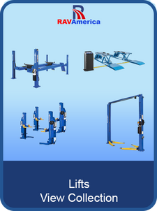 Collection of vehicle lifts with RAV America logo on a blue background