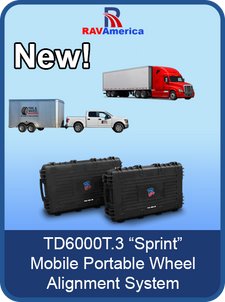 Advertisement for RAV America TD6000T.3 'Sprint' Mobile Portable Wheel Alignment System with trucks and cases on a blue background.