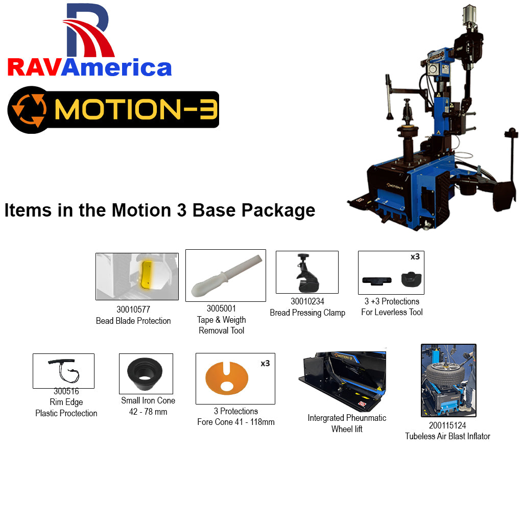 RAV America Motion-3 tire equipment package with tools and components on a white background