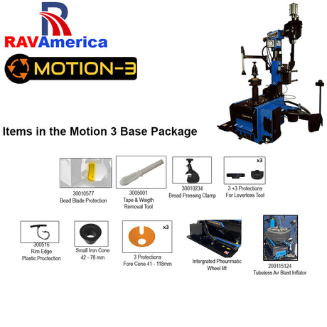 RAV America Motion-3 tire equipment package with tools and components on a white background