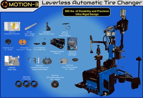 Motion-3 Leverless Automatic Tire Changer, showing  tire changer machine and accessories