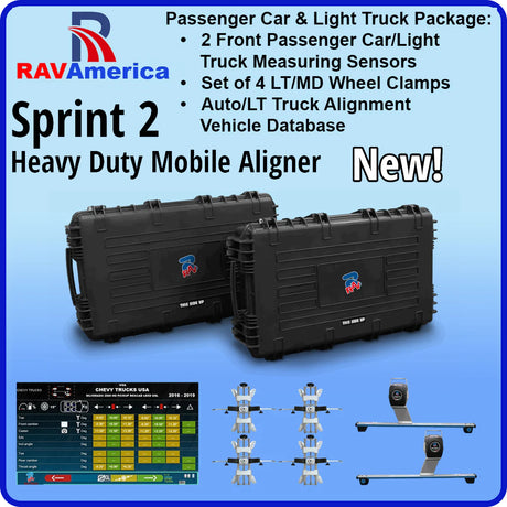 RAV America Sprint 2 Heavy Duty Mobile Aligner with packaging and features listed on a blue background