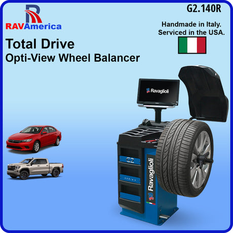 RAV America Total Drive Opti-View Wheel Balancer with a tire on a blue background
