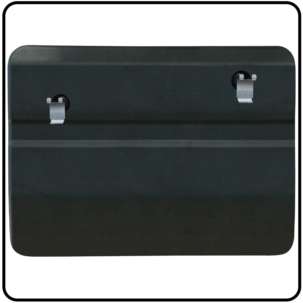 Black metal plate with two circular cutouts on a white background