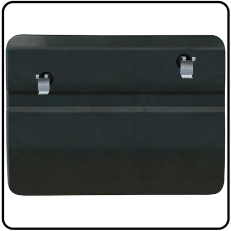 Black metal plate with two circular cutouts on a white background