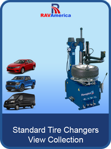 Tire changer with vehicles on a blue background, featuring RAV America branding.